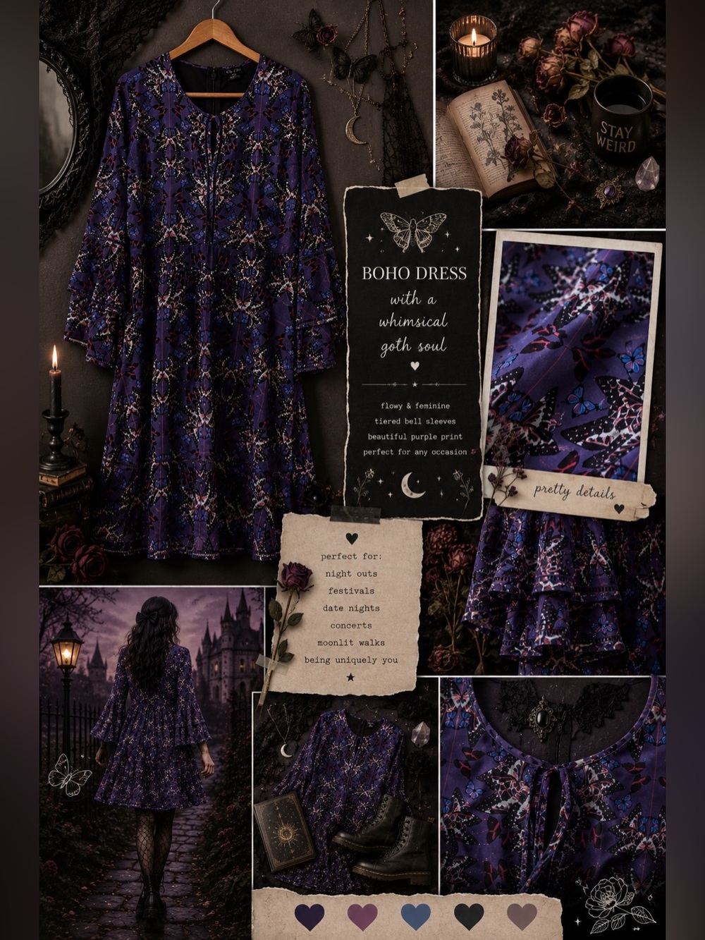 City Chic Whimsi Goth Butterfly Print Dress Purple Bell Sleeve Tiered Plus 18